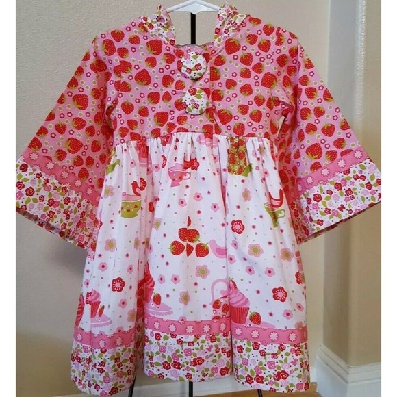 NWT Jelly The Pug Cupcake Teacup Strawberry Dress 24M Hood Pink Red Cream